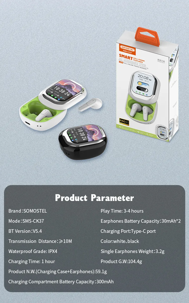 SOMOSTEL SMS-CK37 AI Akıllı Renkli Ekran Kablosuz Kulaklık Info-10